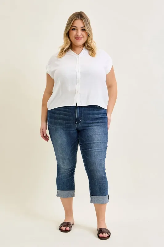 Maddy Mid Rise Dark Wash Cuffed Capri Jeans - PLUS sold by Judy Blue