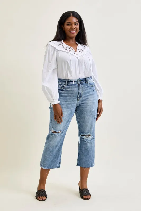 Celeste High Rise With Distressed Crop Wide Leg - PLUS sold by Judy Blue