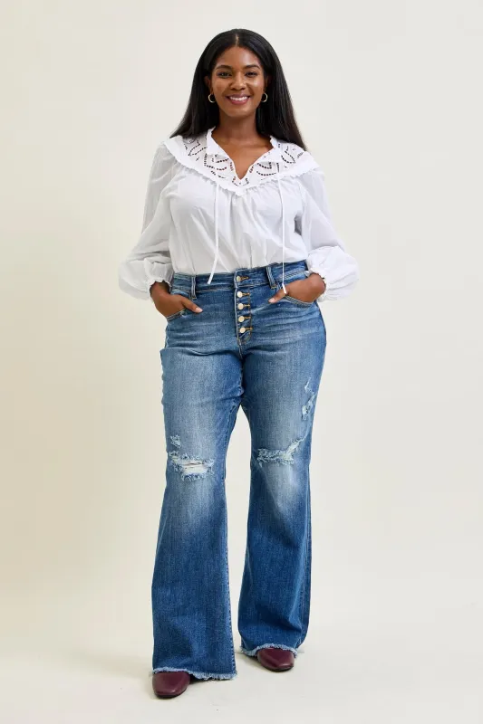 Indie Mid Rise Flare Jeans – Buttoned Up and Ready to Flaunt - PLUS sold by Judy Blue