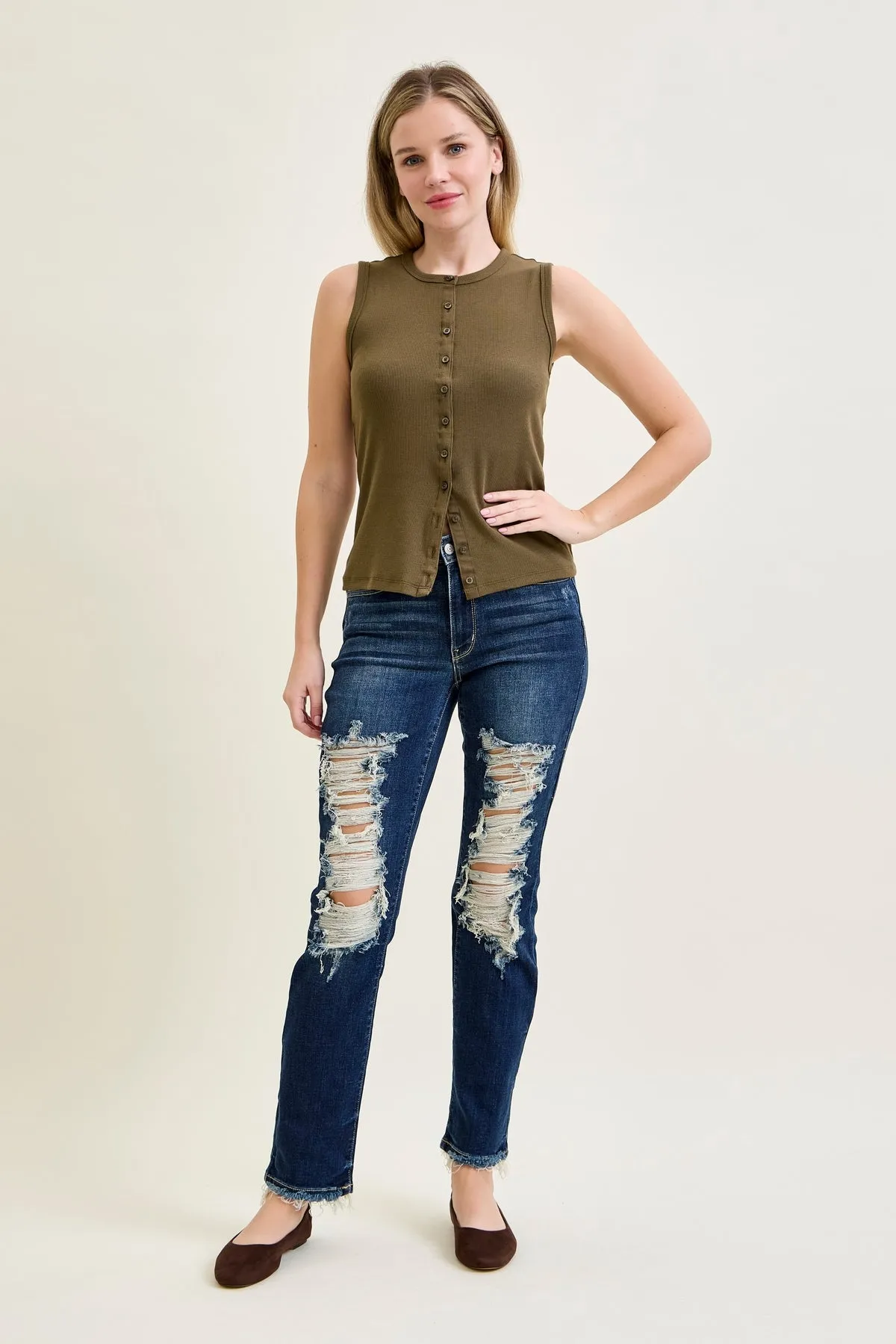 Lisse Mid Rise Ripped Straight Fit Jeans sold by Judy Blue