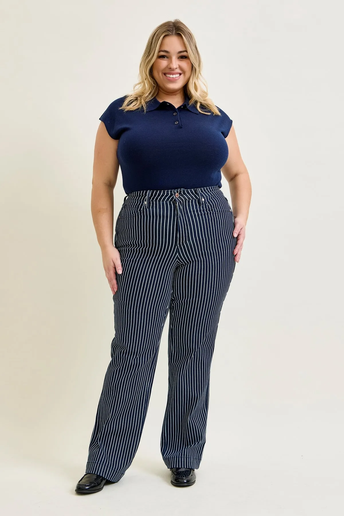 Vetti High Rise Tummy Control Striped Straight Fit - PLUS sold by Judy Blue