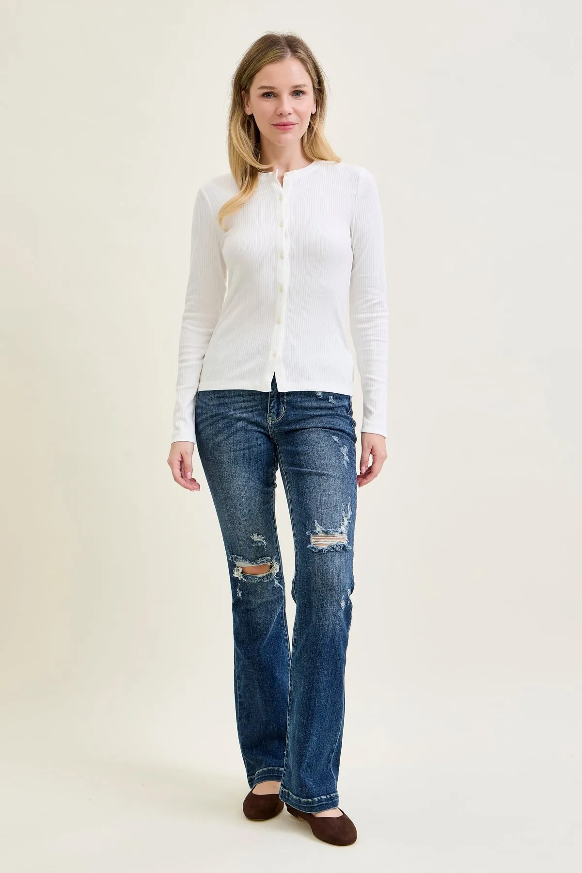 Lucy Mid Rise Hand Sand & Mildly Distressed Bootcut Jeans sold by Judy Blue