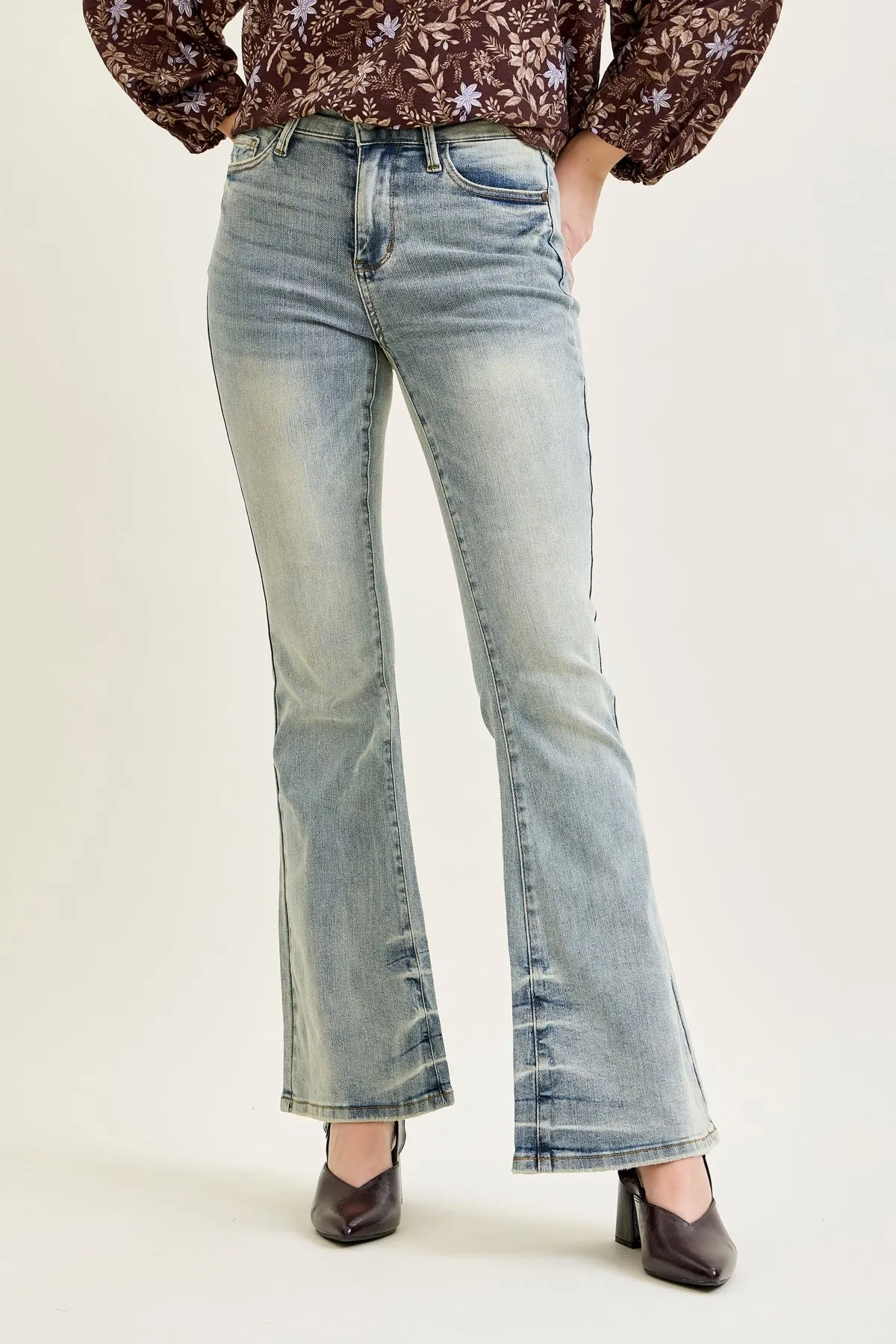 Megan Mid Rise Tinted Pin Tack Detail Flare Jeans sold by Judy Blue product image thumbnail 5