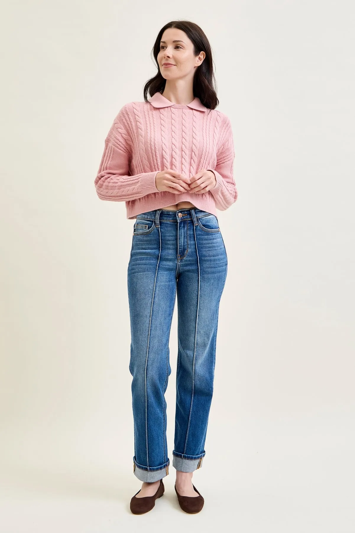 Sally High Rise Front Seam Detail & Cuffed Straight Fit Jeans sold by Judy Blue