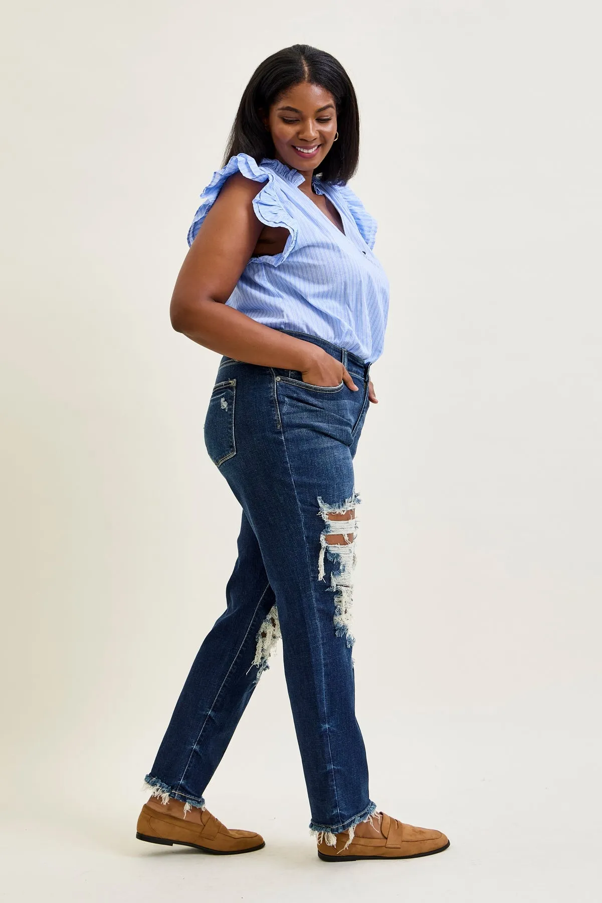 Lisse Mid Rise Ripped Straight Fit Jeans - PLUS sold by Judy Blue product image thumbnail 5