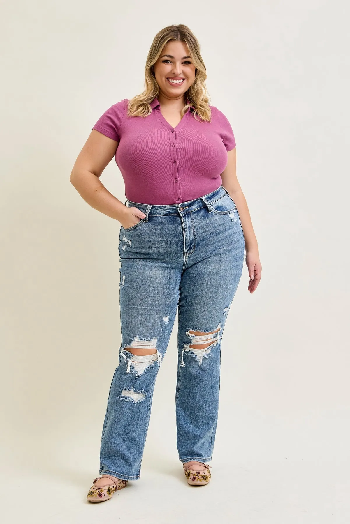 Daisy Stone Wash Ripped Bootcut Jeans - PLUS sold by Judy Blue