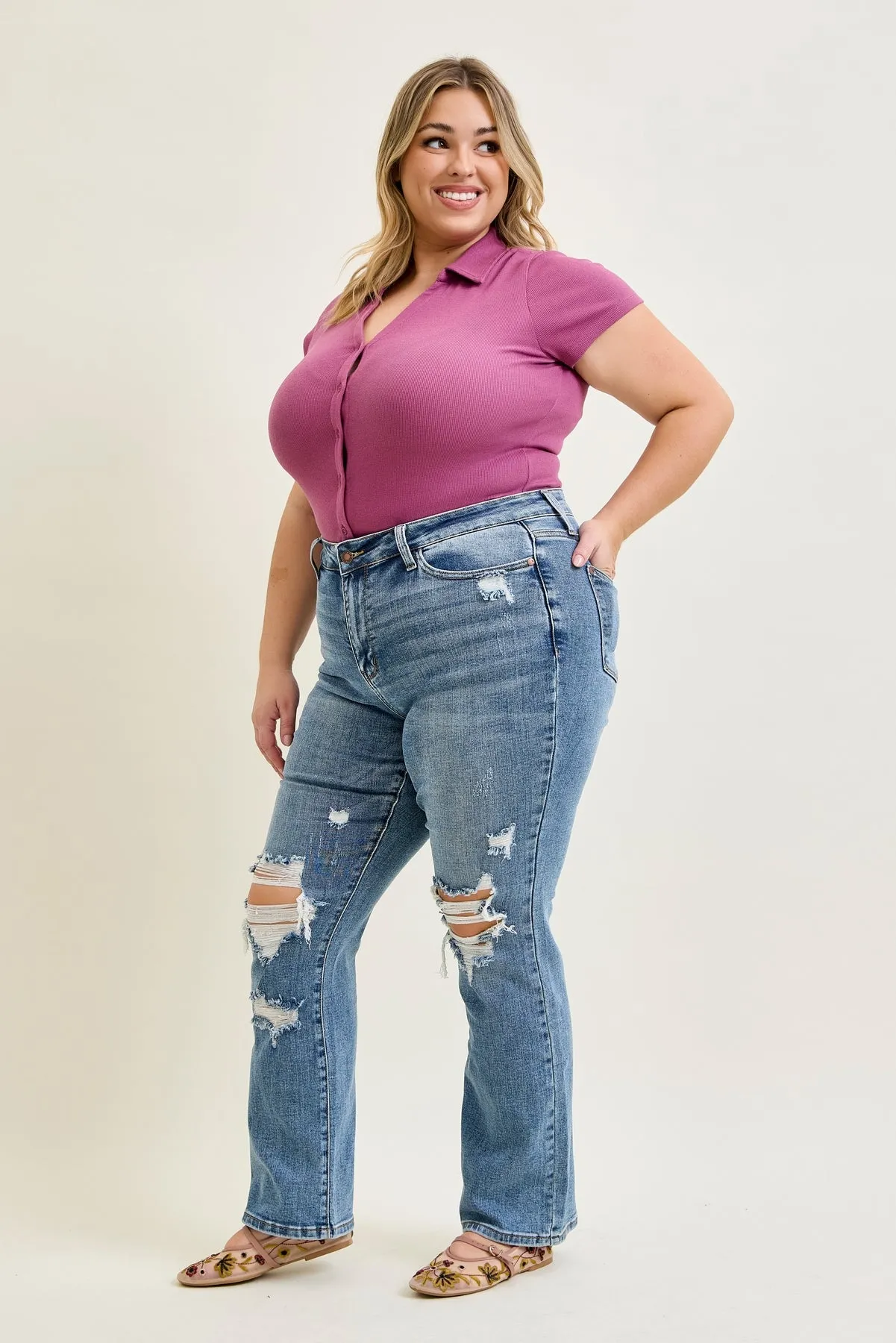 Daisy Stone Wash Ripped Bootcut Jeans - PLUS sold by Judy Blue product image thumbnail 3