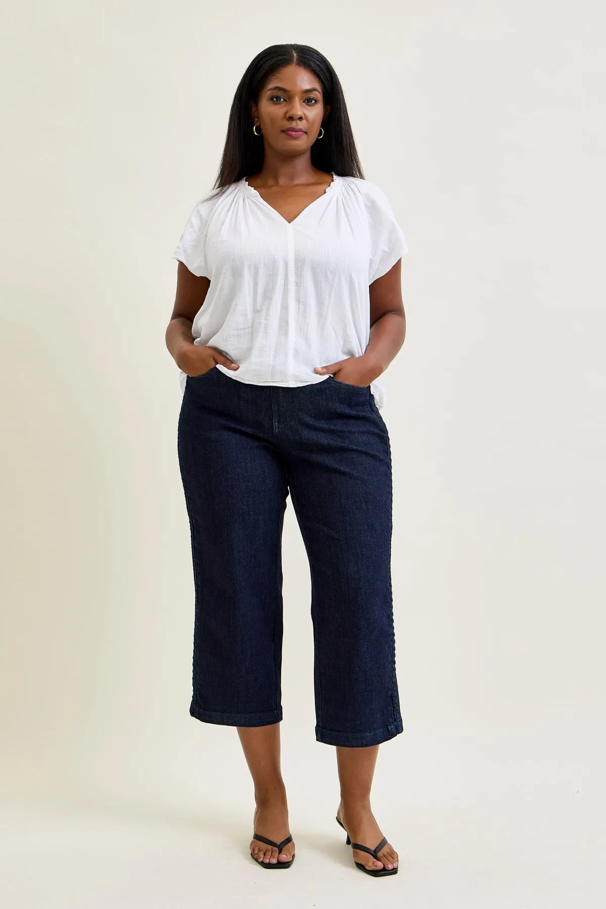 Dottie Side Seam Braid Cropped Wide Leg Jeans - PLUS sold by Judy Blue