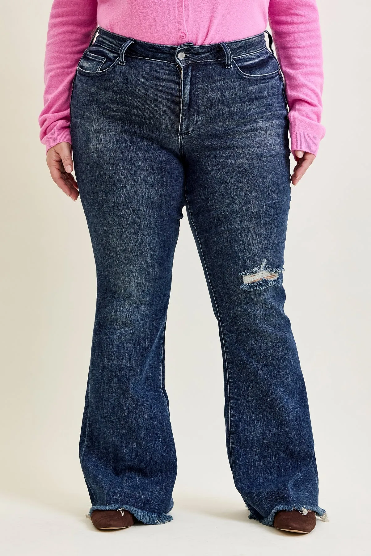 Charlotte Flare Jeans with Distressed Knee & Frayed Hem - PLUS sold by Judy Blue product image thumbnail 5