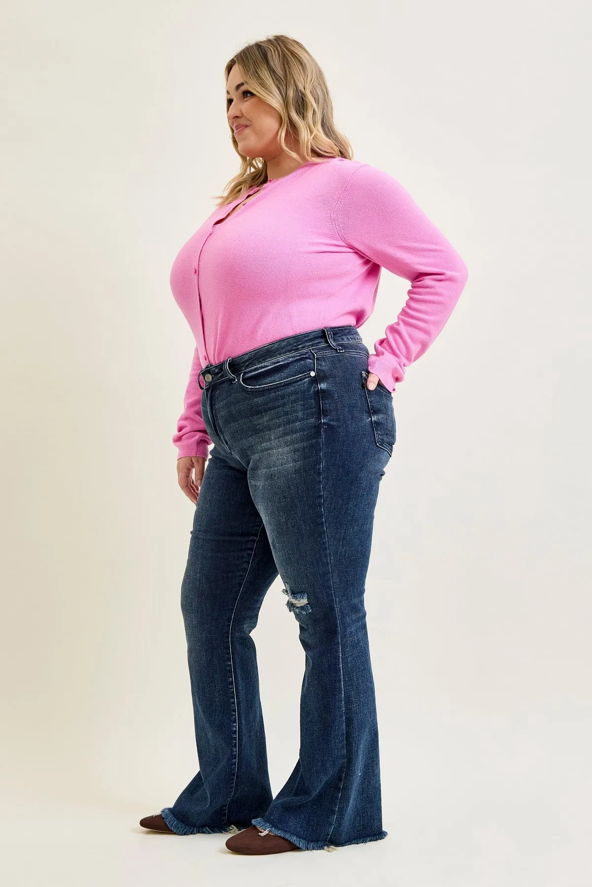 Charlotte Flare Jeans with Distressed Knee & Frayed Hem - PLUS sold by Judy Blue product image thumbnail 3