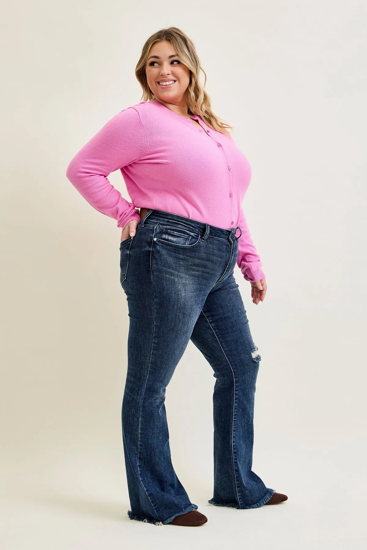 Charlotte Flare Jeans with Distressed Knee & Frayed Hem - PLUS sold by Judy Blue product image thumbnail 2