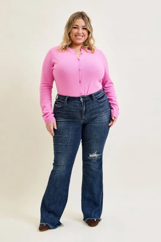 Charlotte Flare Jeans with Distressed Knee & Frayed Hem - PLUS made by Judy Blue