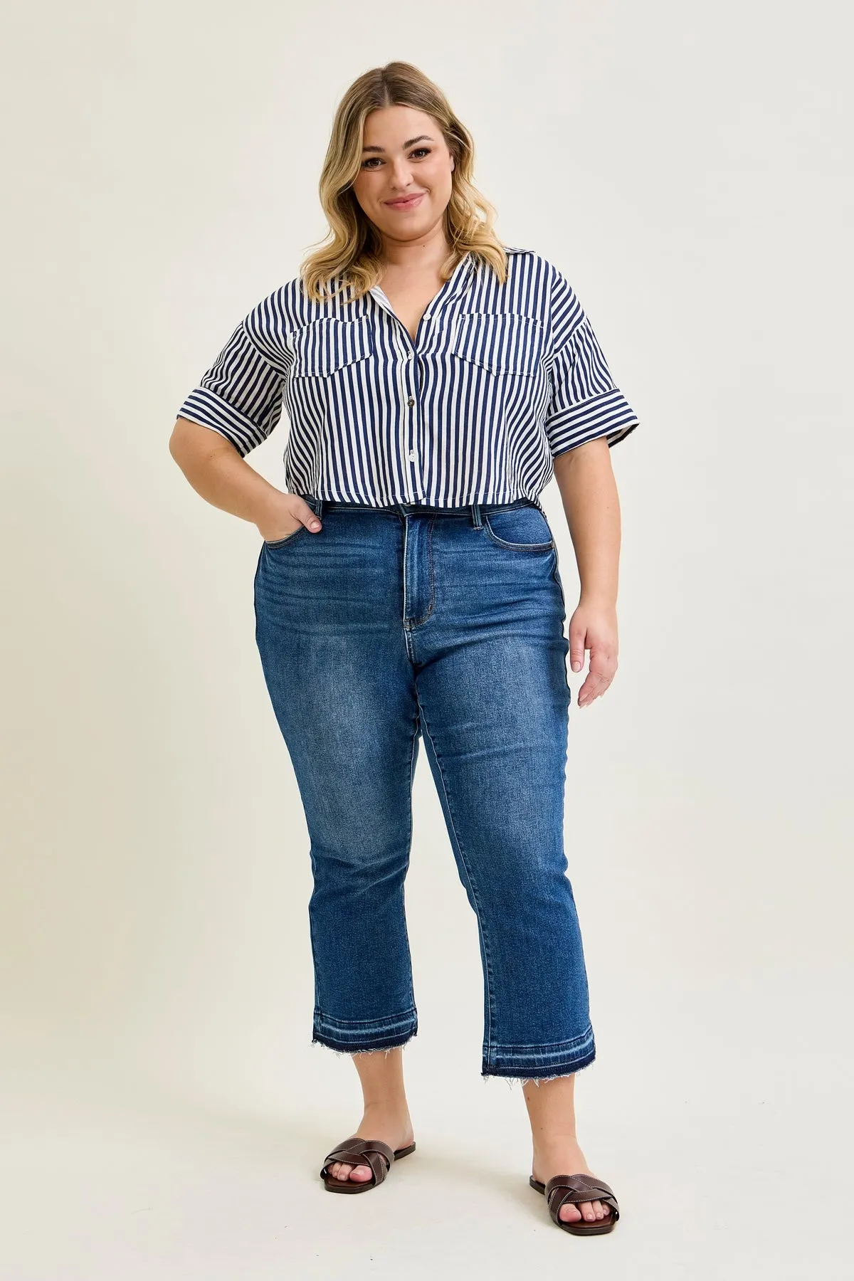 Amy Vintage Wash Kick Flare With Released Hem - PLUS sold by Judy Blue