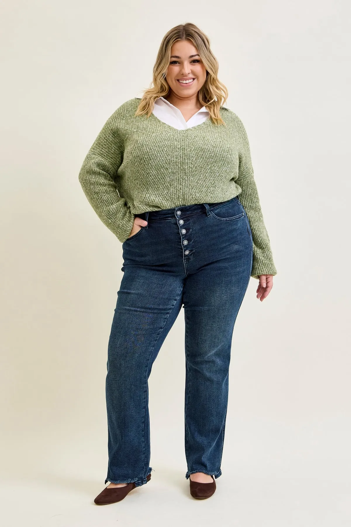 Kimberly Button Fly Hem Distressed Straight Jeans - PLUS sold by Judy Blue