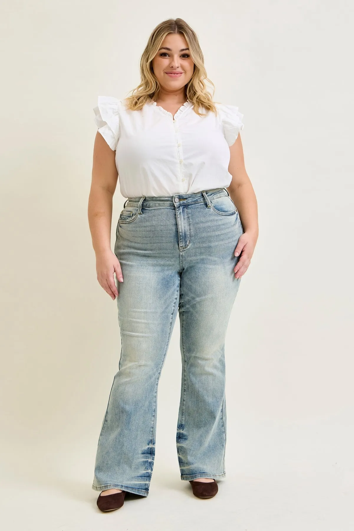 Charlotte Tinted Pin Tack Detail Flare Jeans - PLUS sold by Judy Blue