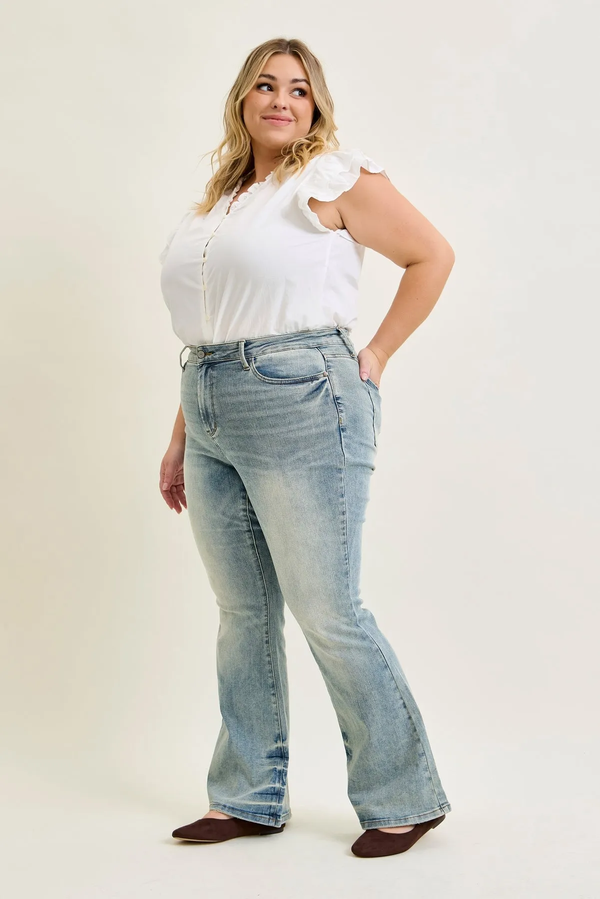 Charlotte Tinted Pin Tack Detail Flare Jeans - PLUS sold by Judy Blue product image thumbnail 3