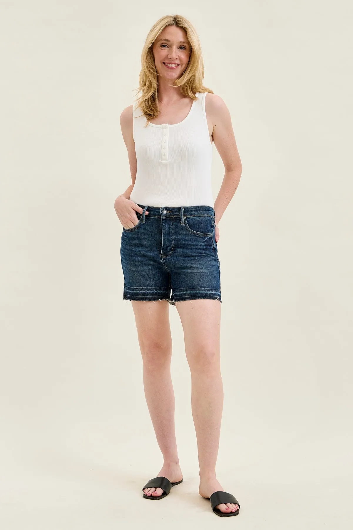 Erin Tummy Control Distressed Release Hem Shorts sold by Judy Blue