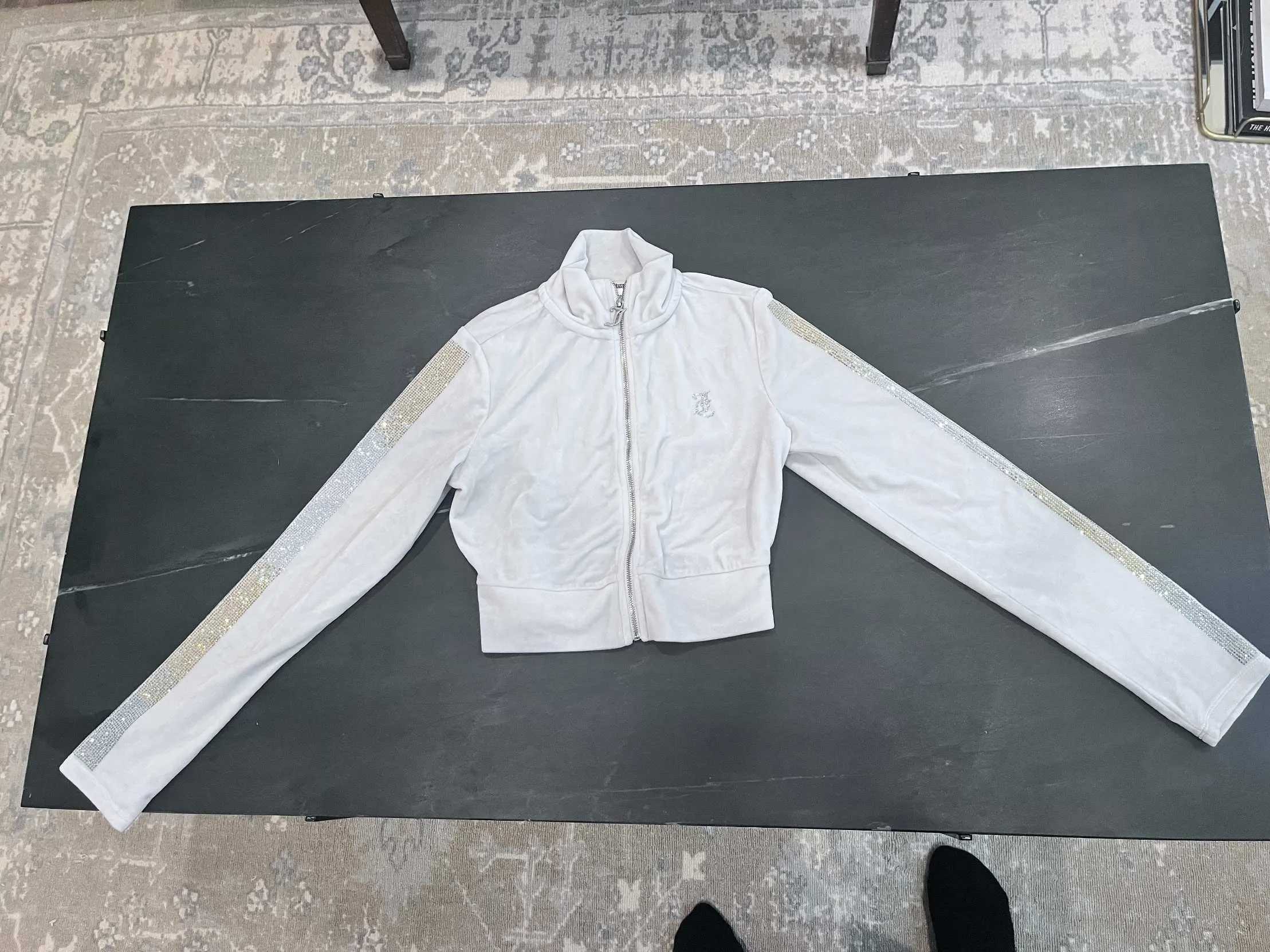 Monogram Velour Cropped Track Jacket with Ombre Sleeve Bling—REJUICED sold by Juicy Couture