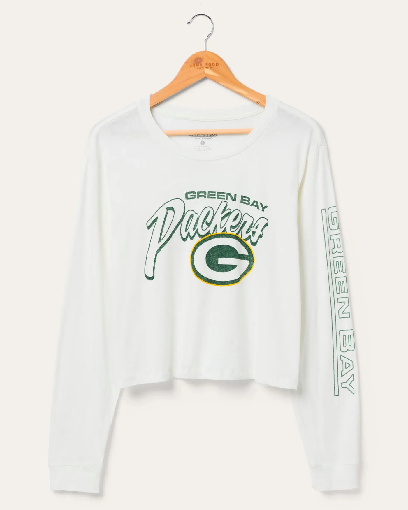 Women's Green Bay Packers Touchdown Long Sleeve Crop Tee sold by Junk Food Clothing