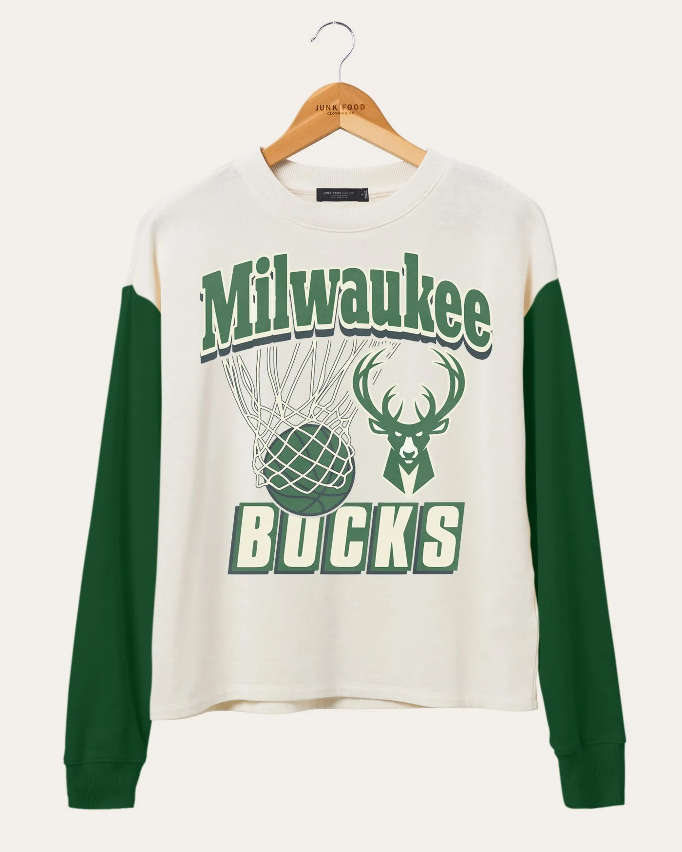 Women's NBA Milwaukee Bucks Contrast Long Sleeve Crew sold by Junk Food Clothing