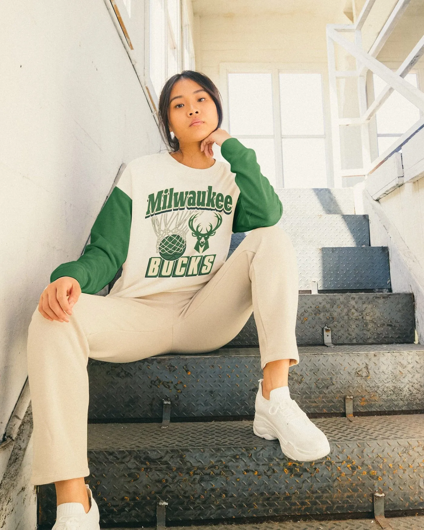 Women's NBA Milwaukee Bucks Contrast Long Sleeve Crew sold by Junk Food Clothing product image thumbnail 2