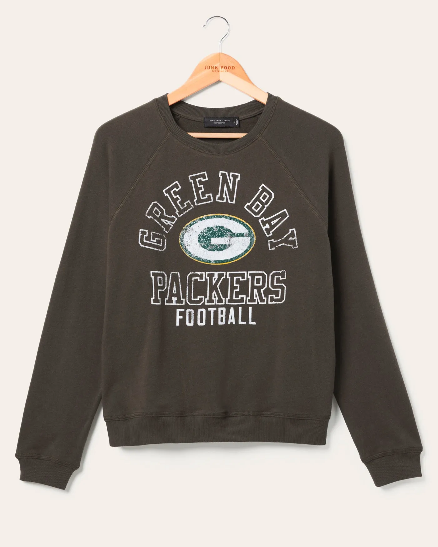 Women's Green Bay Packers Flocked Raglan Crew Fleece sold by Junk Food Clothing