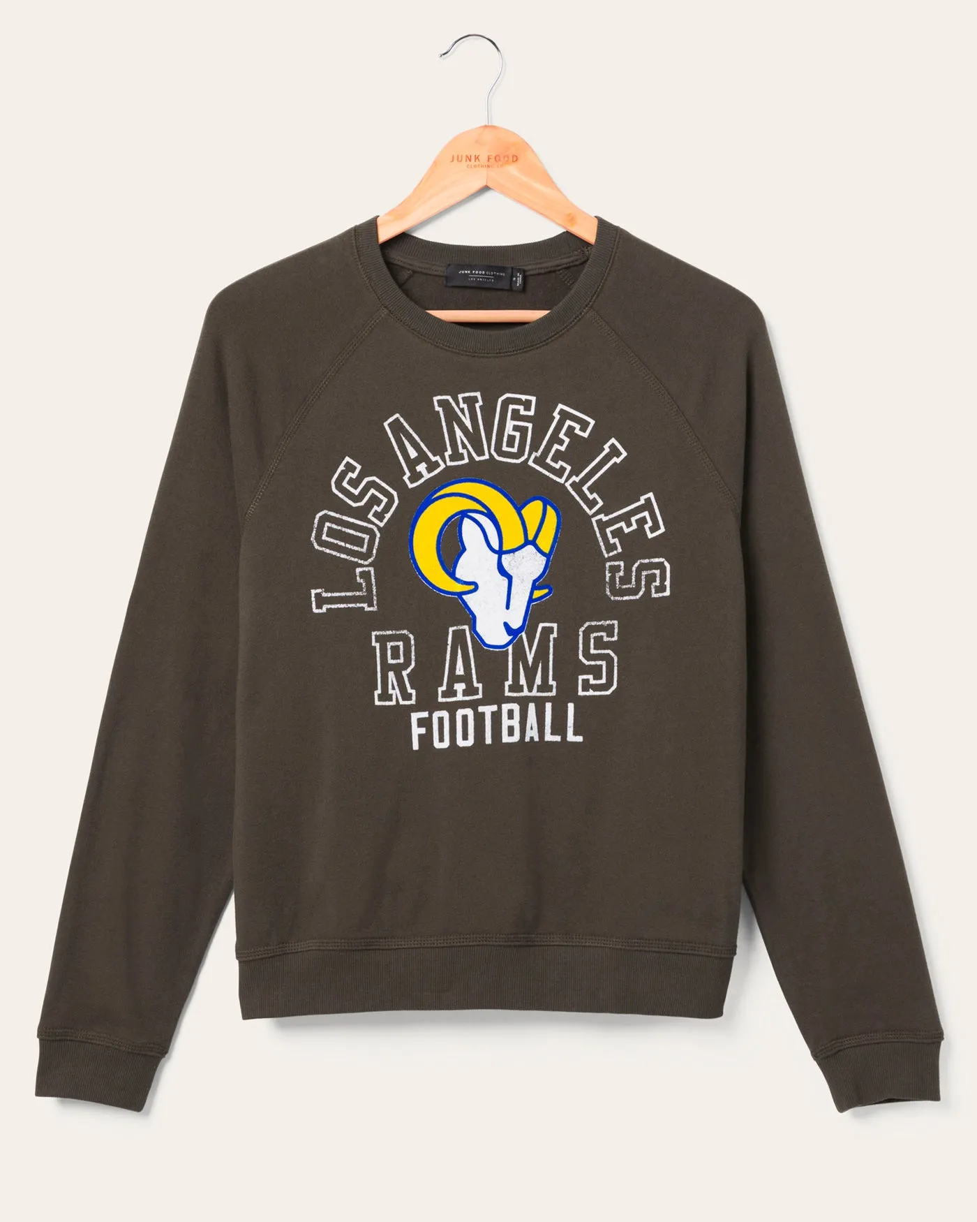 Women's Los Angeles Rams Flocked Raglan Crew Fleece sold by Junk Food Clothing