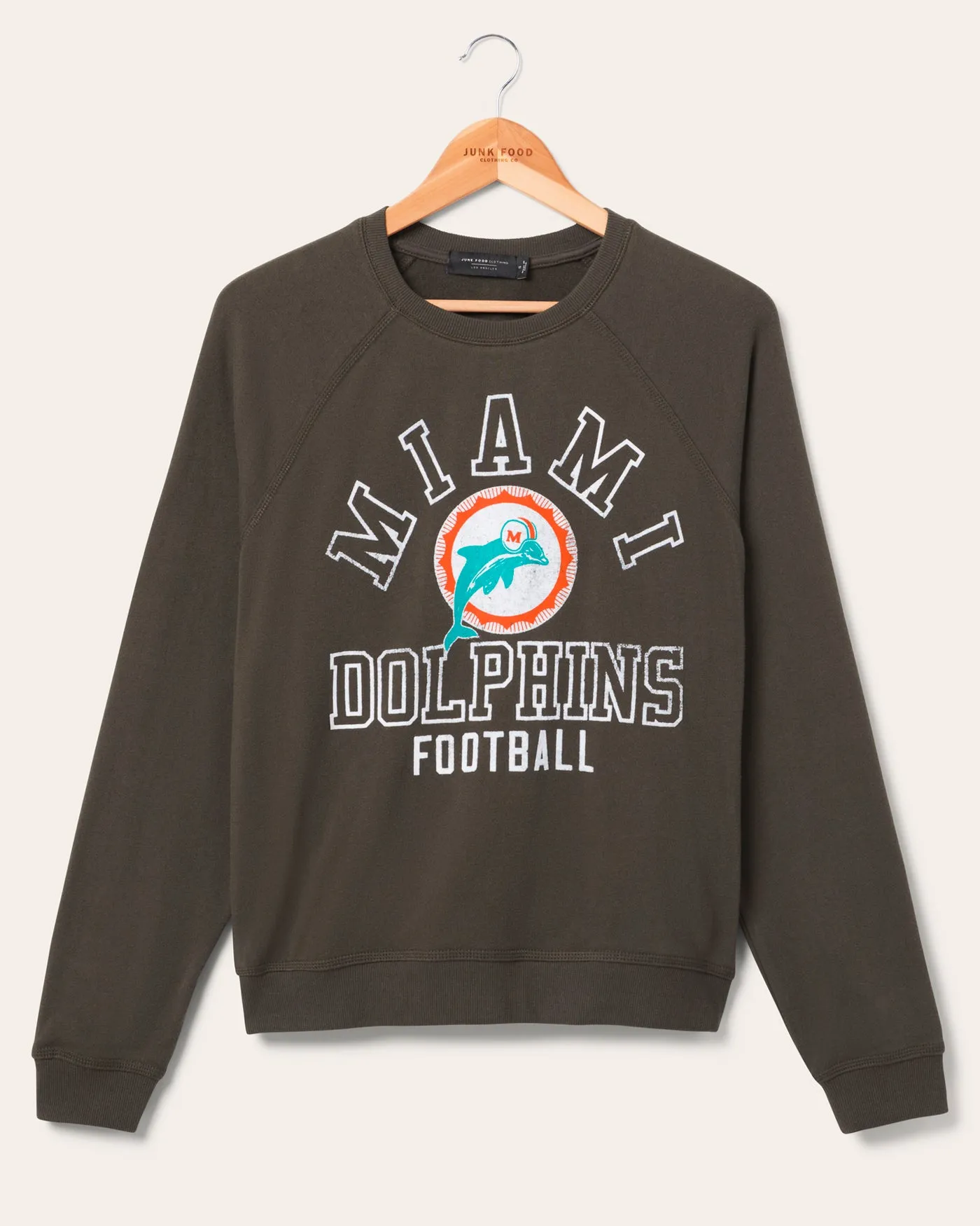 Women's Miami Dolphins Flocked Raglan Crew Fleece sold by Junk Food Clothing