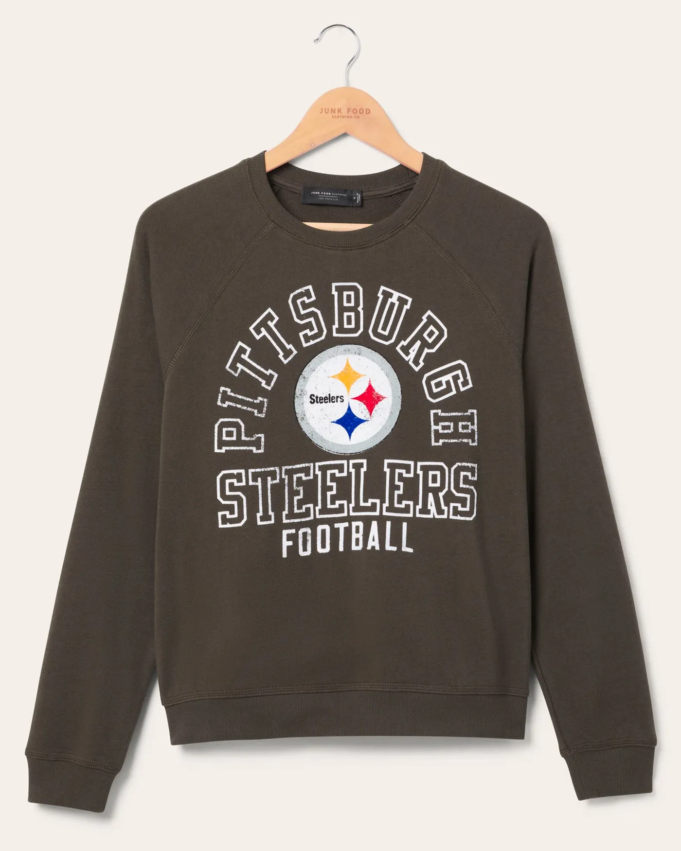 Women's Pittsburgh Steelers Flocked Raglan Crew Fleece sold by Junk Food Clothing