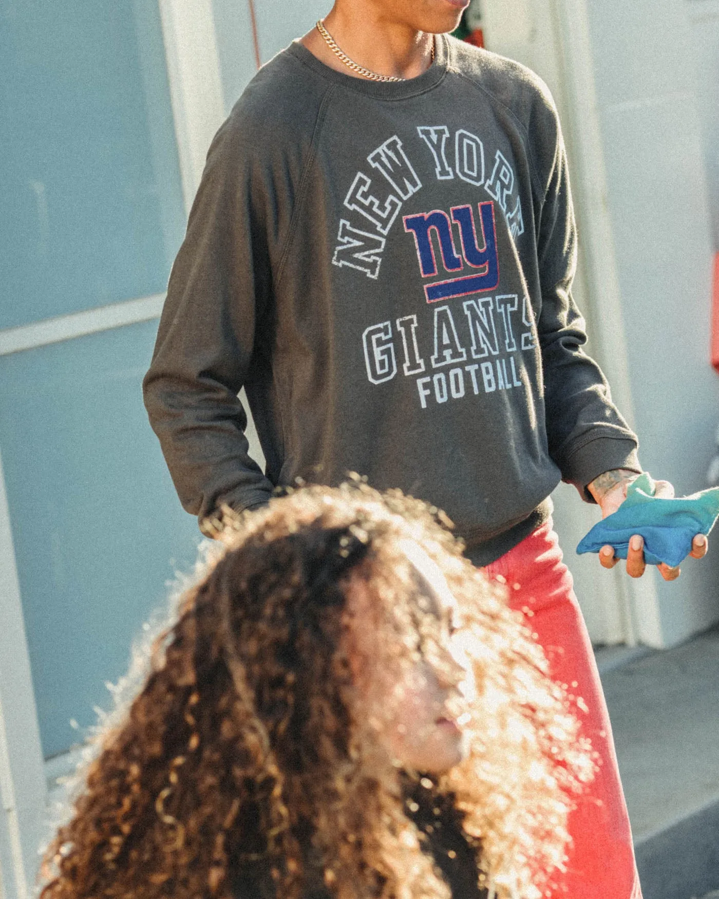 Women's New York Giants Flocked Raglan Crew Fleece sold by Junk Food Clothing product image thumbnail 3