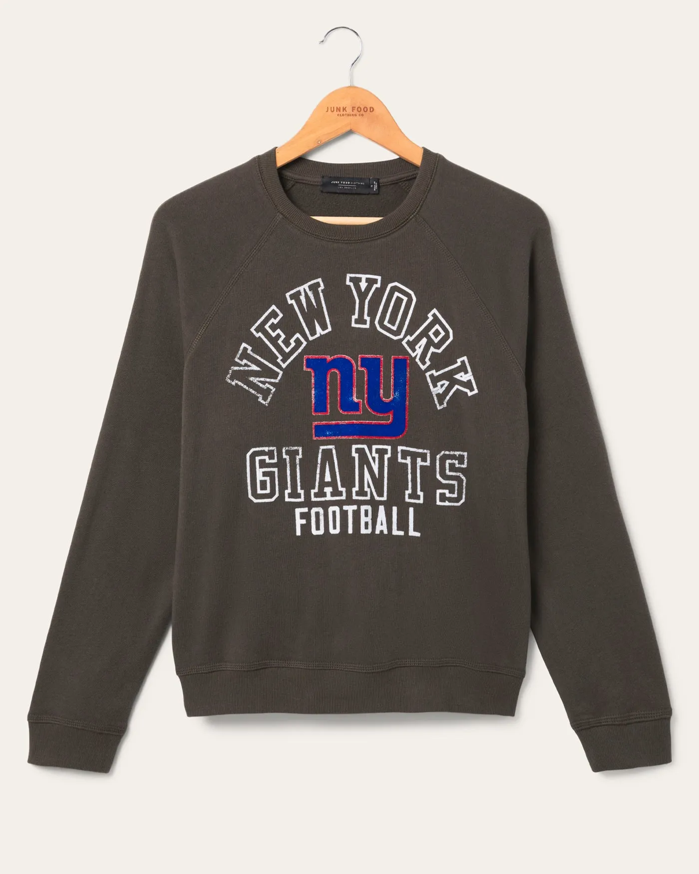 Women's New York Giants Flocked Raglan Crew Fleece sold by Junk Food Clothing