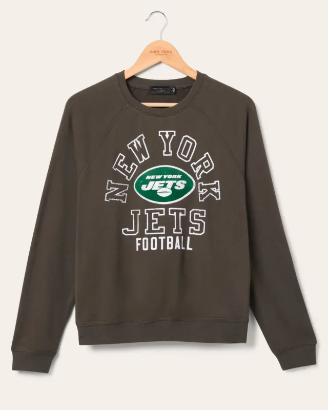 Women's New York Jets Flocked Raglan Crew Fleece sold by Junk Food Clothing