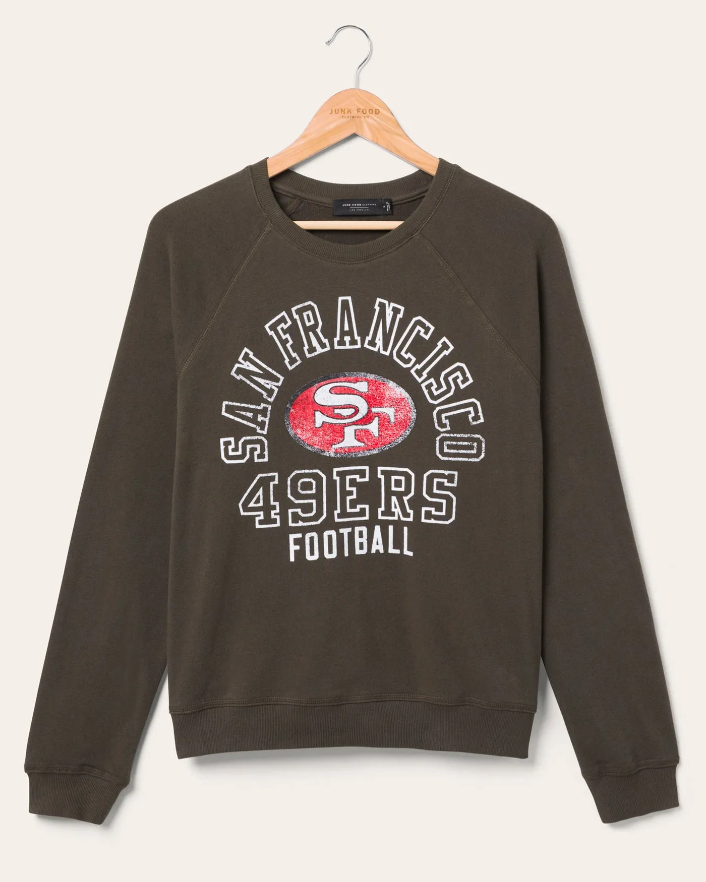 Women's San Francisco 49ers Flocked Raglan Crew Fleece sold by Junk Food Clothing