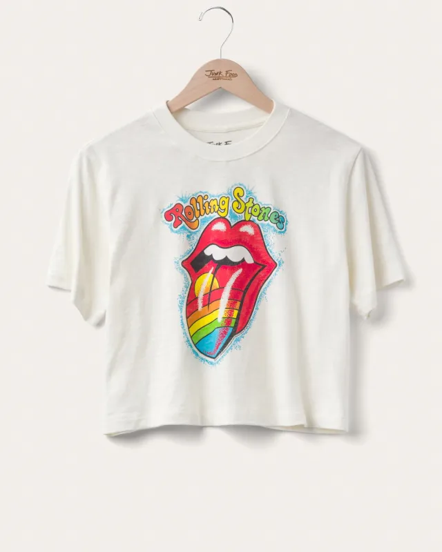 Women's The Rolling Stones Rainbow Hot Lips Mock Neck Crop Tee sold by Junk Food Clothing