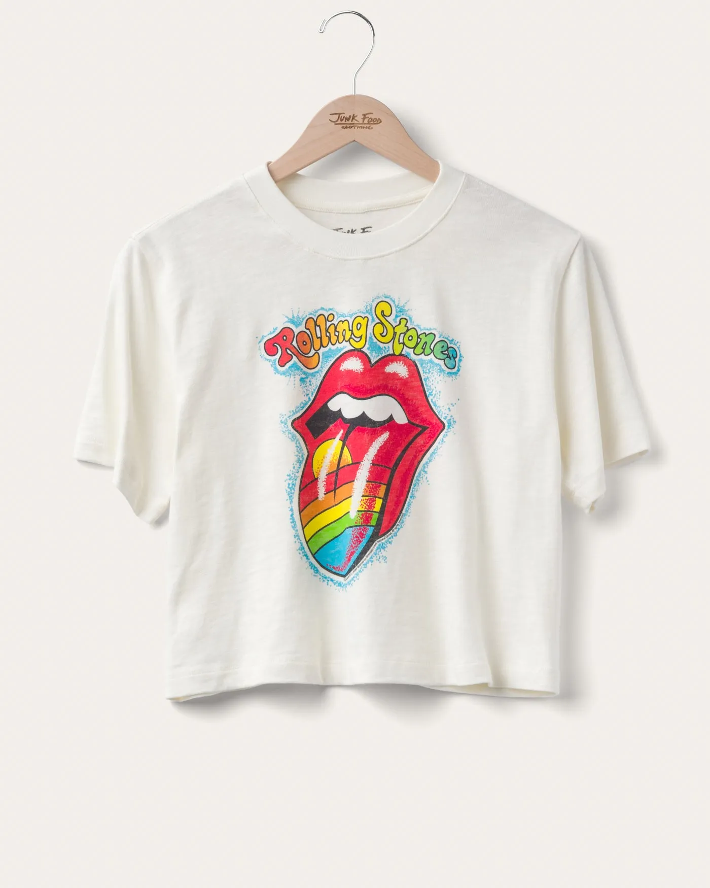 Women's The Rolling Stones Rainbow Hot Lips Mock Neck Crop Tee sold by Junk Food Clothing