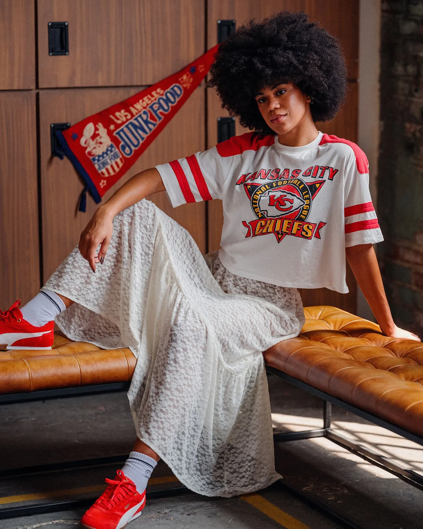 Women's Kansas City Chiefs Striped Crop Tee sold by Junk Food Clothing product image thumbnail 3