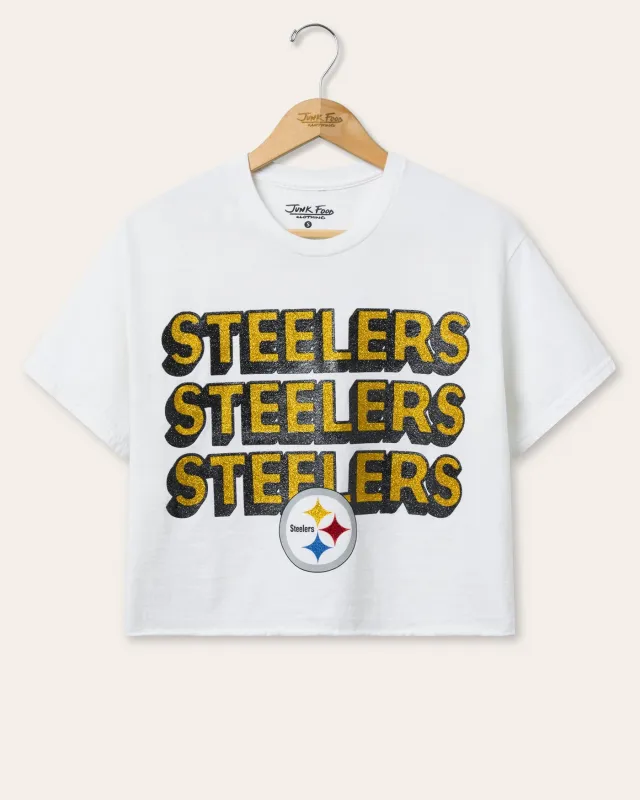 Women's Pittsburgh Steelers Repeat Glitter Flea Market Crop Tee sold by Junk Food Clothing