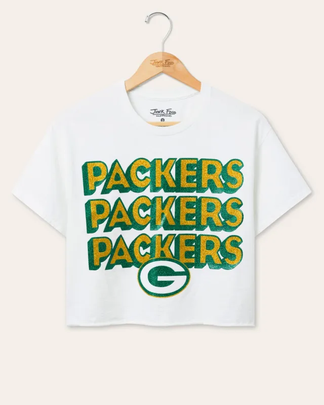 Women's Green Bay Packers Repeat Glitter Flea Market Crop Tee sold by Junk Food Clothing