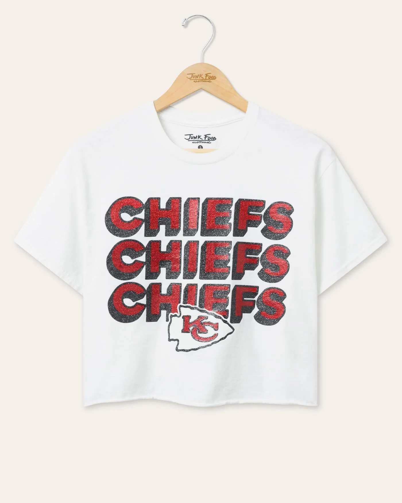 Women's Kansas City Chiefs Repeat Glitter Flea Market Crop Tee sold by Junk Food Clothing