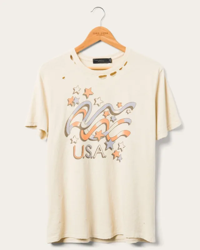 Women's US Abstract Flag Vintage Destroy Tee sold by Junk Food Clothing