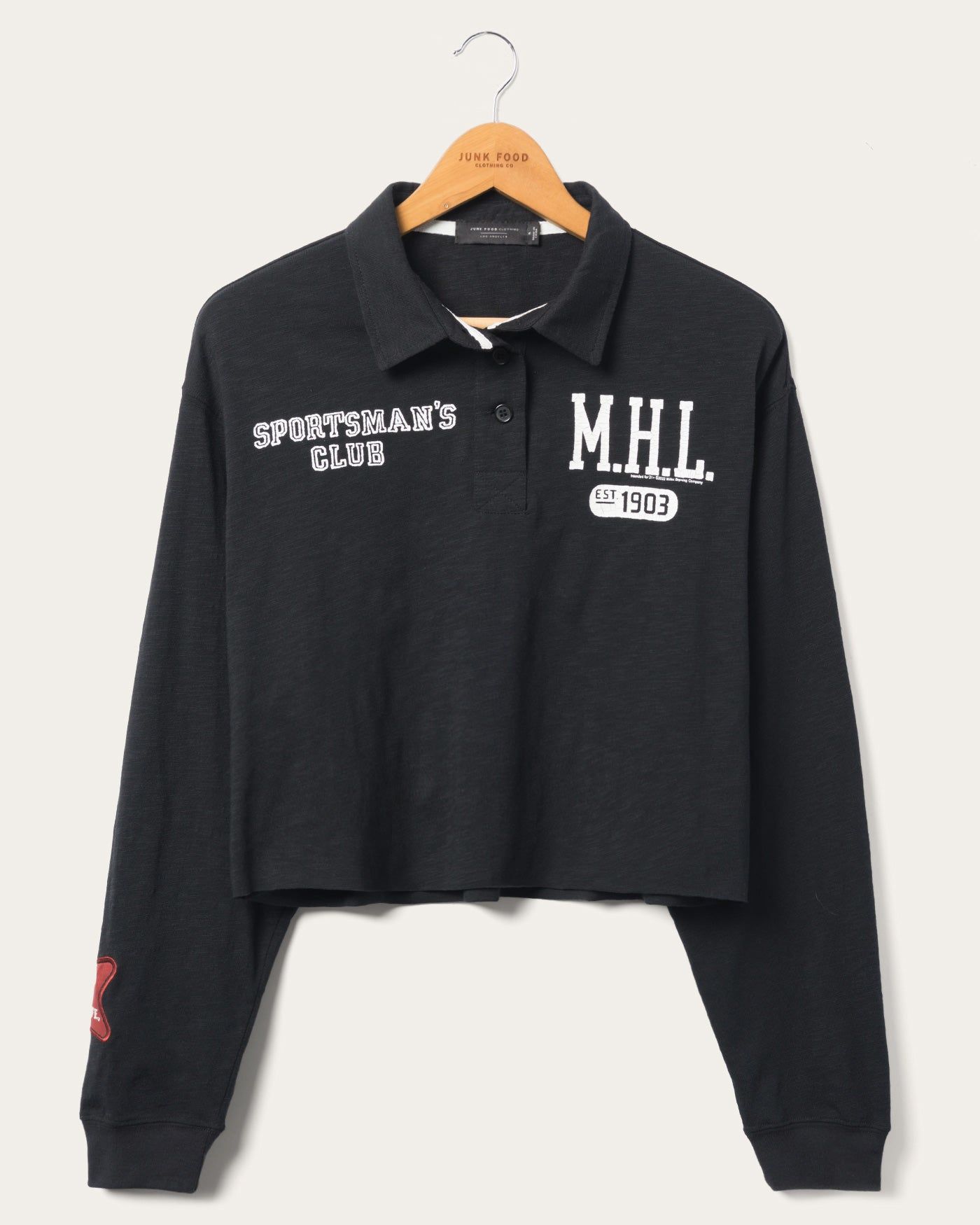 Women's Miller High Life Sportsman's Club Cropped Rugby Long Sleeve Tee sold by Junk Food Clothing