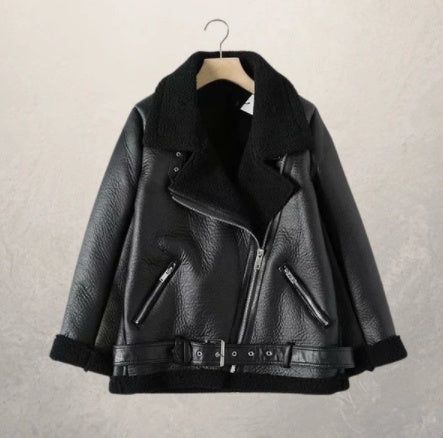 Women's motorcycle jacket leather jacket sold by Kan Can