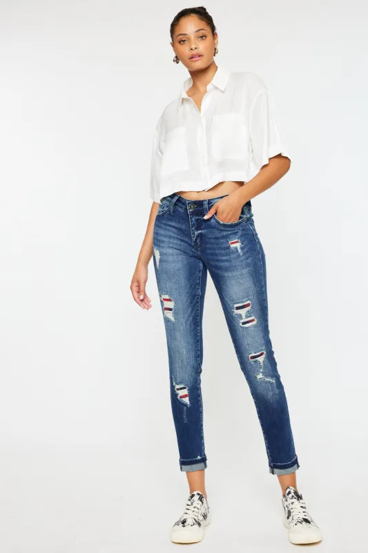 Coco Mid Rise Patched Ankle Skinny Jeans made by Kan Can