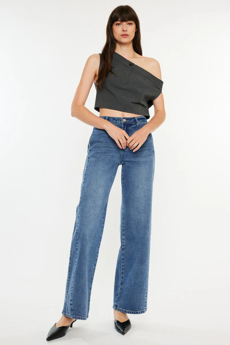 Kenya High Rise Wide Flare Jeans – Medium Wash Stretch sold by Kan Can