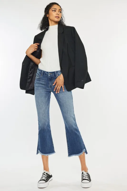 Aida Mid Rise Cropped Flare Jeans – Frayed Hem Stretch made by Kan Can