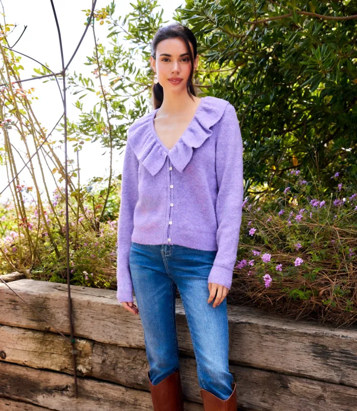 Ruffle Neckline Cardigan Sweater sold by Karen Kane