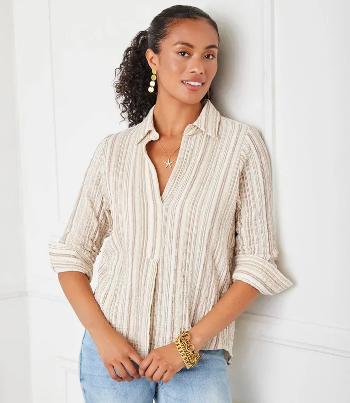 Metallic Stripe Ruched Sleeve Shirt sold by Karen Kane