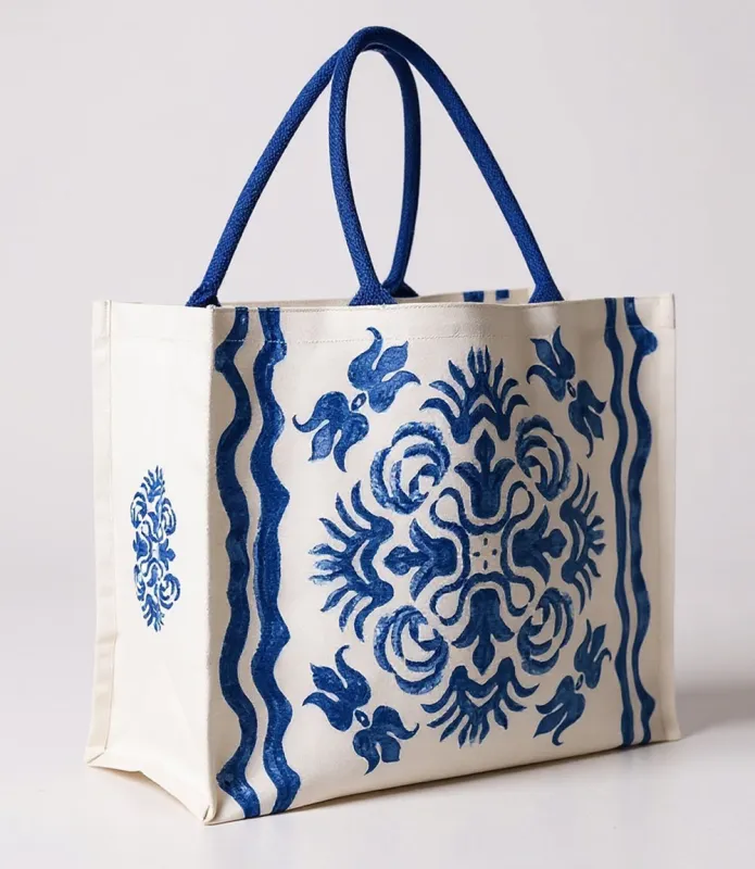 Diamond Blue Tile Block Print Tote Bag sold by Karen Kane