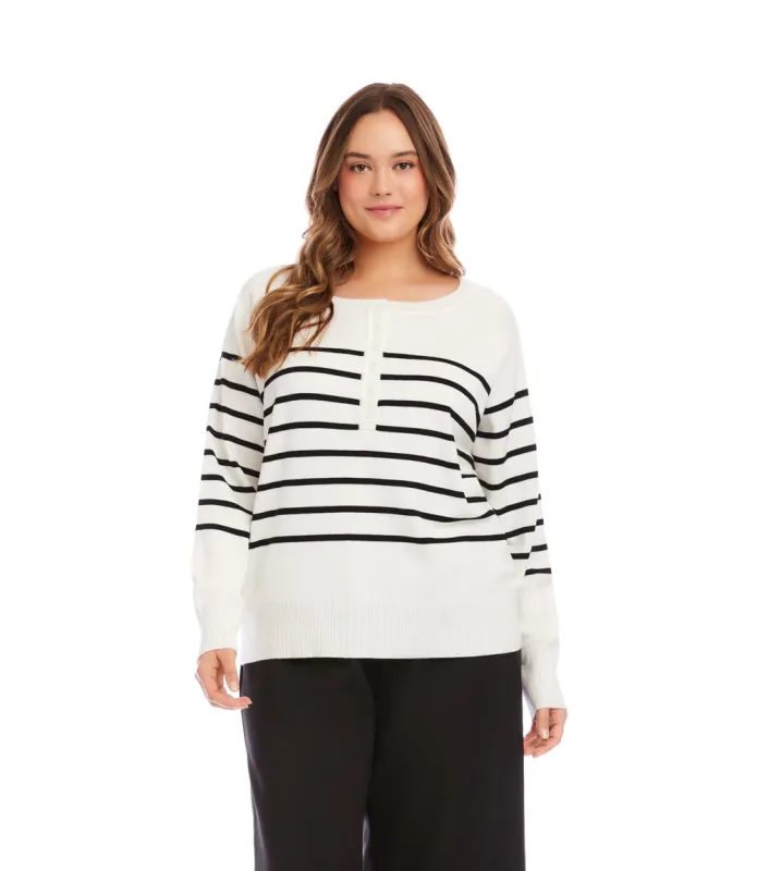 Plus Size Henley Stripe Sweater sold by Karen Kane