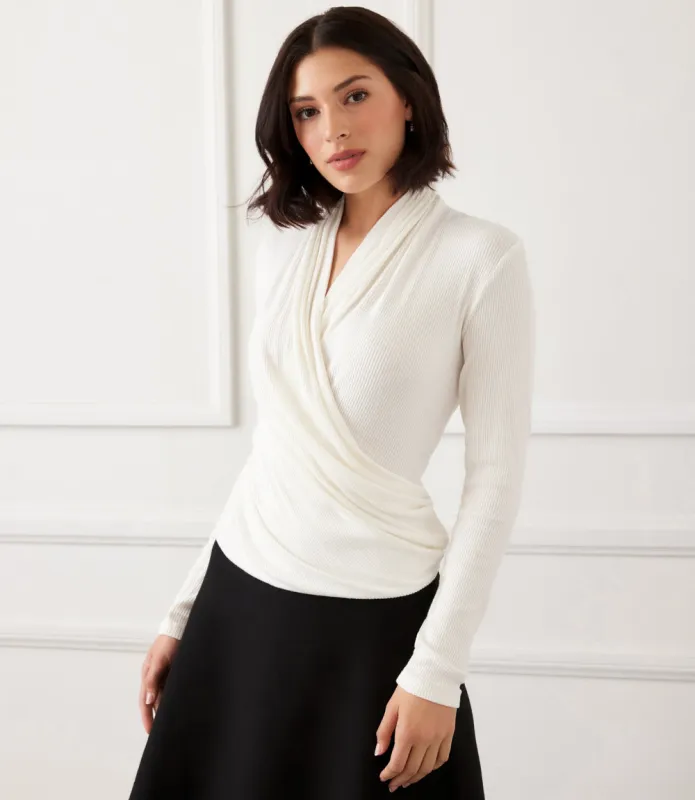 Long Sleeve Ribbed Drape Front Crossover Top made by Karen Kane